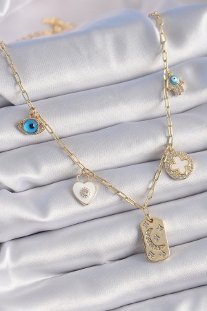Gold Renk Zirkon Taşlı Çoklu Figür Model Şans Kolyesi - TJ-BKO9301 Gold Renk Zirkon Taşlı Çoklu Figür Model Şans Kolyesi - TJ-BKO9301