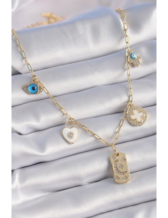 Gold Renk Zirkon Taşlı Çoklu Figür Model Şans Kolyesi - TJ-BKO9301