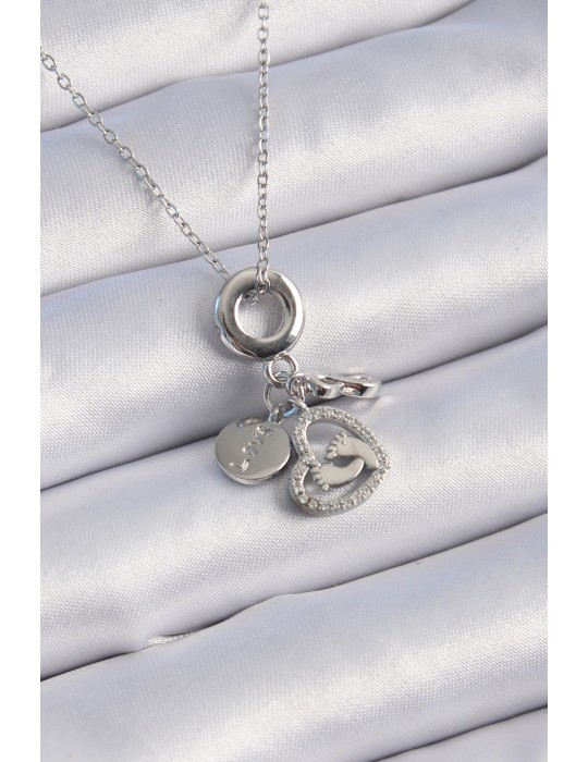 316L Çelik Gümüş Renk Zirkon Taş Detay Kalp Model Charm Kadın Kolye - TJ-BKO9305