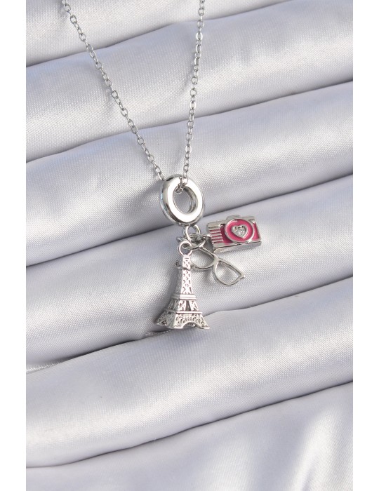 316L Çelik Gümüş Renk Eyfel Kule Fotoğraf Makinesi Model Charm Kadın Kolye - TJ-BKO9307