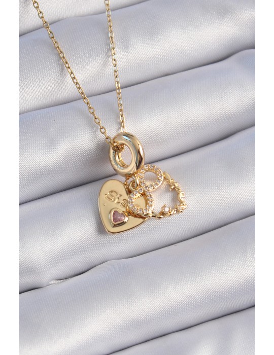 316L Çelik Gold Renk Zirkon Taşlı Sonsuzluk Kalp Figür Charm Model Kadın Kolye - TJ-BKO9310