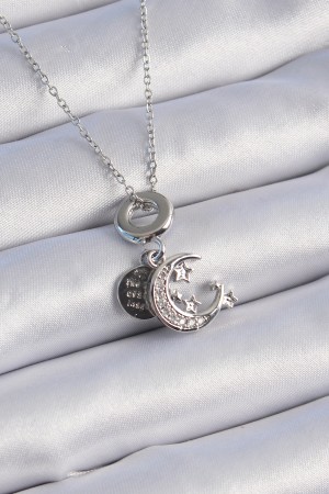 316L Çelik Gümüş Renk Zirkon Taşlı Ay Yıldız Figür Charm Model Kadın Kolye - TJ-BKO9311