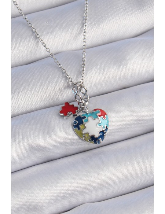 316L Çelik Gümüş Renk Yapboz Motif Kalp Figür Charm Model Kadın Kolye - TJ-BKO9315