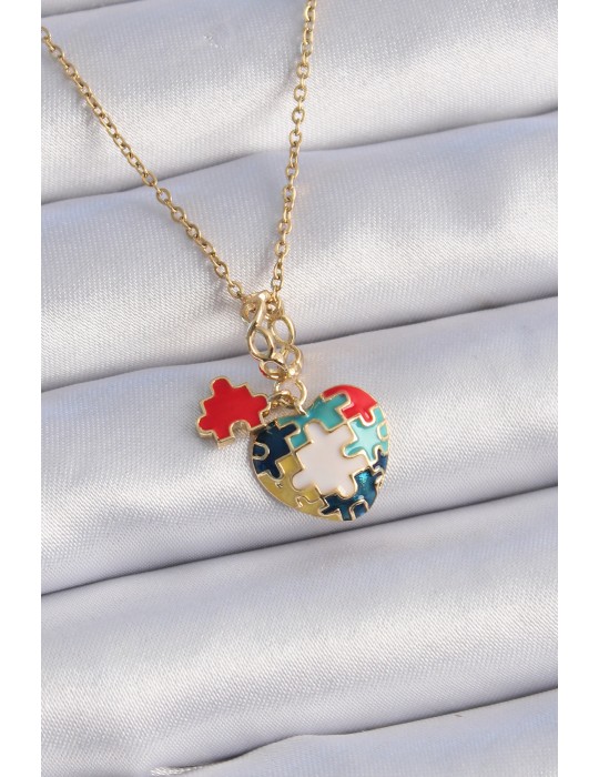 316L Çelik Gold Renk Yapboz Motif Kalp Figür Charm Model Kadın Kolye - TJ-BKO9316