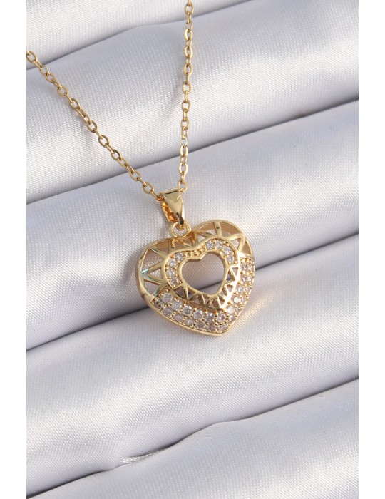 316L Çelik Gold Renk Zirkon Taşlı Kalp Model Vintage Kadın Kolye - TJ-BKO9325