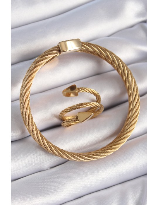 316L Çelik Gold Renk Sarmal Model Erkek Bileklik Yüzük Kombini - TJ-EB3688