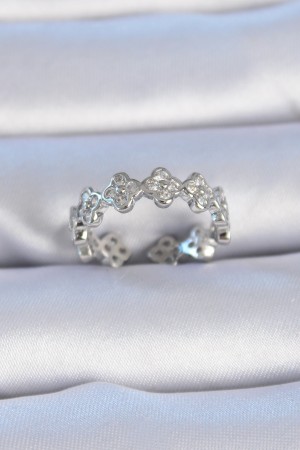 Pirinç Gümüş Renk Zirkon Taşlı Yonca Model Kadın Yüzük - TJ-BYK3305