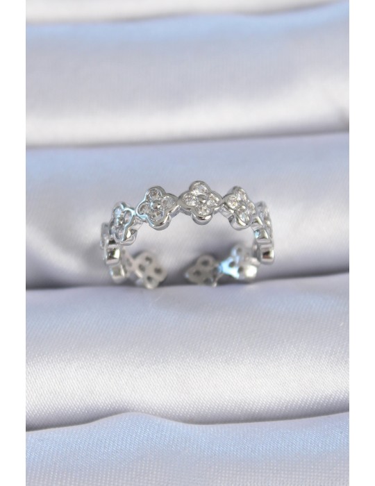 Pirinç Gümüş Renk Zirkon Taşlı Yonca Model Kadın Yüzük - TJ-BYK3305