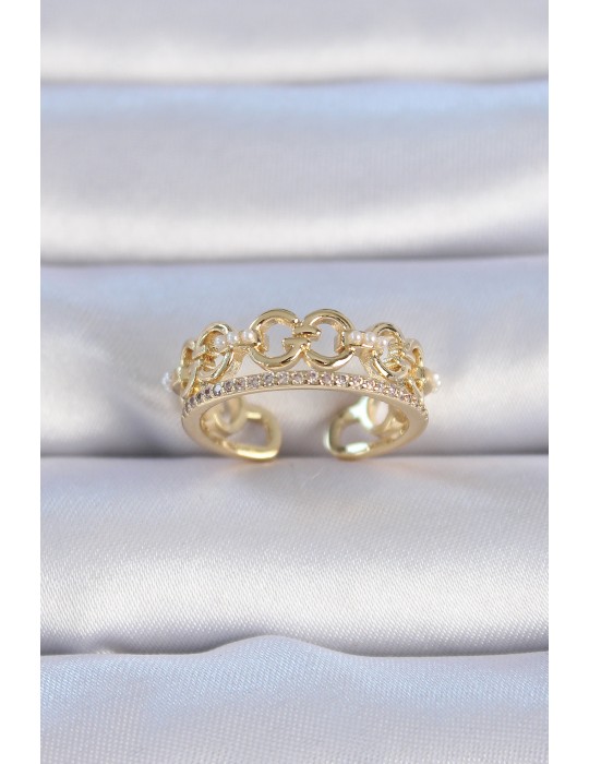 Pirinç Gold Renk Zirkon Taşlı İnci Detay Kadın Yüzük - TJ-BYK3334