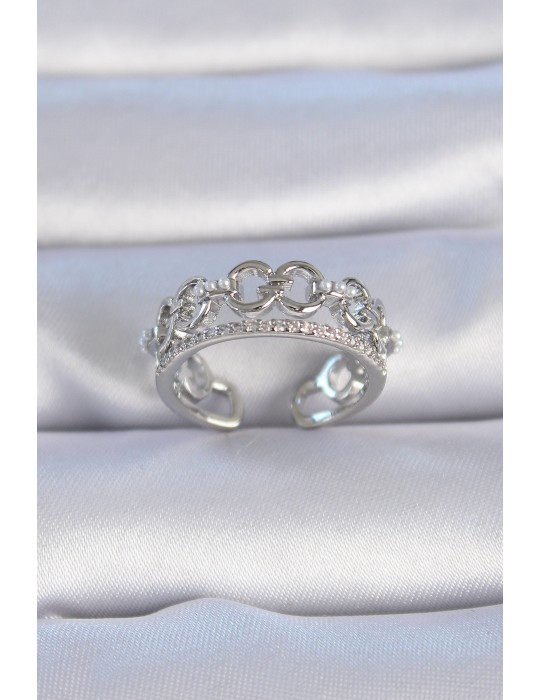 Pirinç Gümüş Renk Zirkon Taşlı İnci Detay Kadın Yüzük - TJ-BYK3335