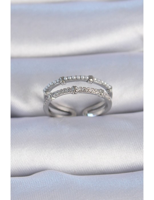 Pirinç Gümüş Renk Zirkon Taşlı İnci Detay Kadın Yüzük - TJ-BYK3337