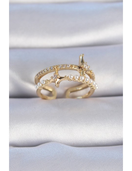 Pirinç Gold Renk Zirkon Taşlı İnci Detay Kutup Yıldızı Model Kadın Yüzük - TJ-BYK3342