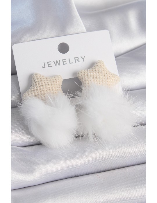 Beyaz Renk Tüylü Yıldız Ponpon Model Kadın Küpe - TJ-BKP9557
