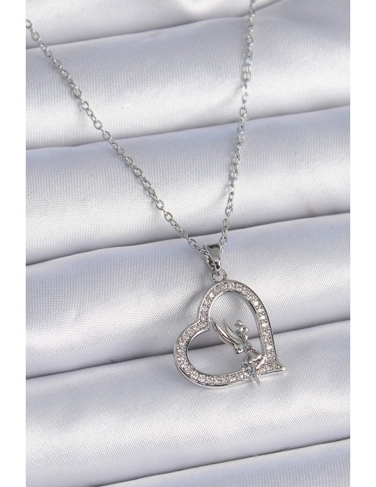 316L Çelik Zincir Gümüş Renk Zirkon Taşlı Kalp Model Melek Detay Kadın Kolye - TJ-BKO9357