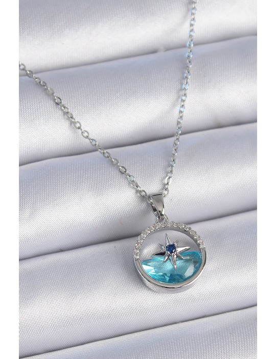 316L Çelik Zincir Gümüş Renk Zirkon Taşlı Deniz Görünüm Kutup Yıldızı Kolye - TJ-BKO9359