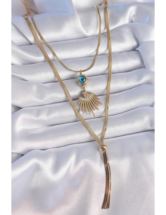 316L Çelik Gold Renk 2'li Zincir İtalyan Zincir Göz Model Zirkon Taşlı Kadın Kolye - TJ-BKO9384