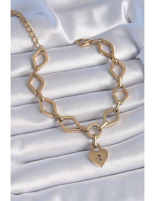 316L Çelik Gold Renk Zincir Model Kilit Kalp Figür Kadın Bileklik - TJ-BB6434