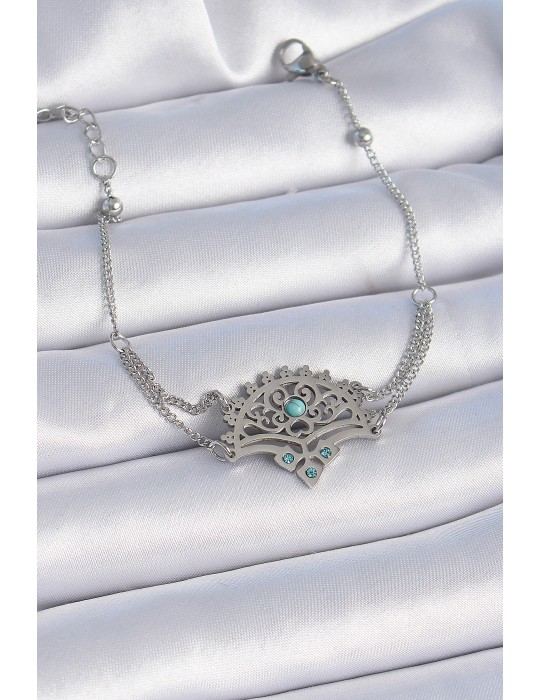 316L Çelik Gümüş Renk Mavi Taşlı Etnik Desen Kadın Bileklik - TJ-BB6436