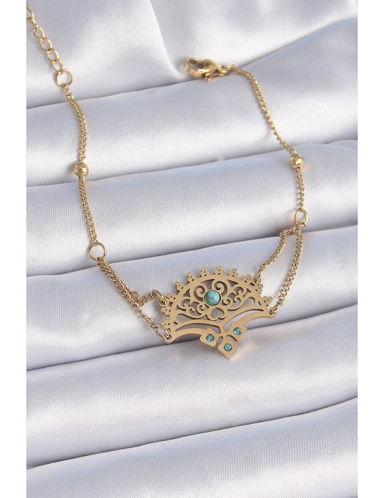 316L Çelik Gold Renk Mavi Taşlı Etnik Desen Kadın Bileklik - TJ-BB6437
