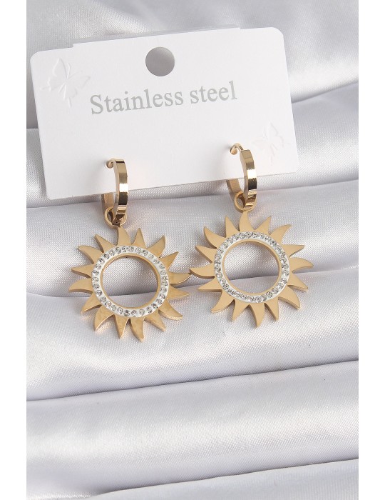 316L Çelik Gold Renk Zirkon Taşlı Güneş Model Kadın Küpe - TJ-BKP9570