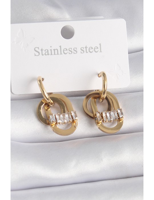 316L Çelik Gold Renk Zirkon Taşlı Halka Model Kadın Küpe - TJ-BKP9571