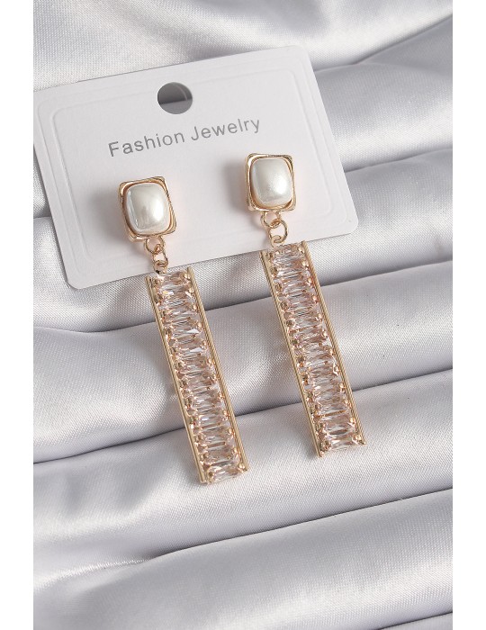 Pirinç Gold Renk Kare İnci Zirkon Taşlı Su Yolu Model Kadın Küpe - TJ-BKP9610