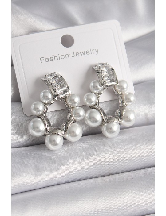 Pirinç Gümüş Renk Su Yolu Zirkon Taşlı İncili Halka Model Kadın Küpe - TJ-BKP9619