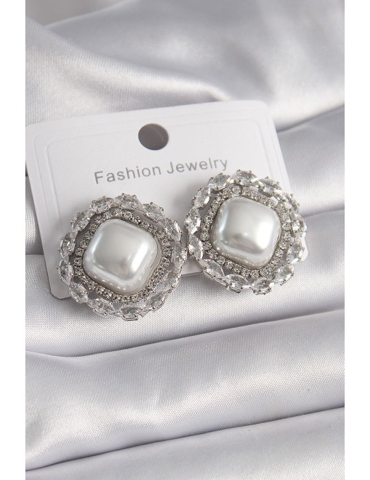 Pirinç Gümüş Renk Kare İnci Zirkon Taşlı Kadın Küpe - TJ-BKP9631