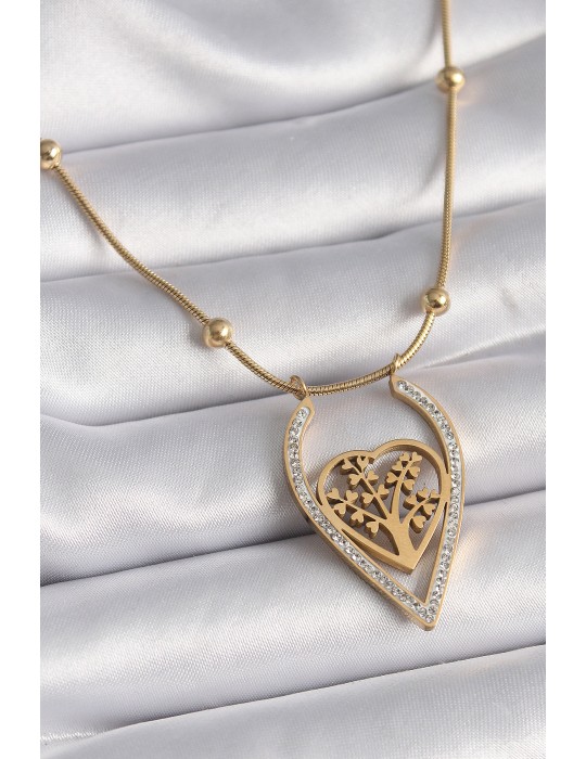 316L Çelik Gold Renk Zirkon Taşlı Detaylı Kalp Fidan Model Kadın Kolye - TJ-BKO9405