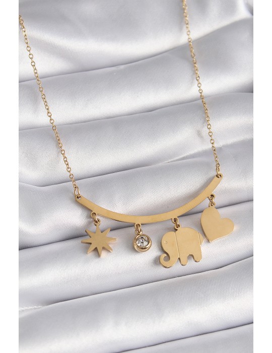 316L Çelik Gold Renk Fil Figür Zirkon Taş Detay Kadın Kolye - TJ-BKO9408