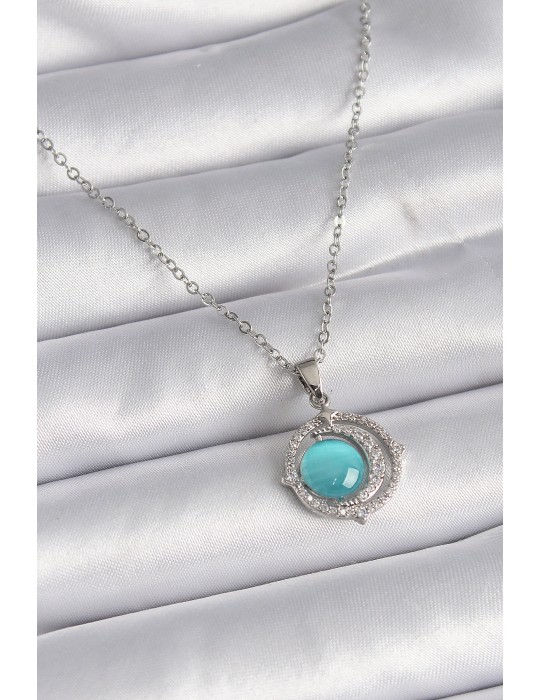 316L Çelik Gümüş Renk Mavi Sedefli Hilal Model Kadın Kolye - TJ-BKO9409