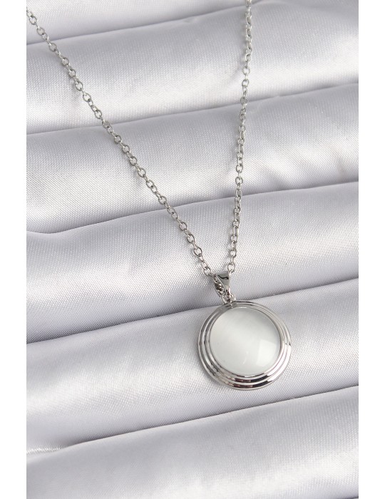 316L Çelik Gümüş Renk Beyaz Sedefli Daire Model Kadın Kolye - TJ-BKO9426
