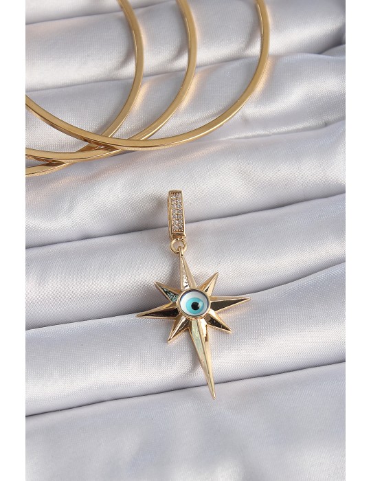 Pirinç Gold Renk Zirkon Taşlı Kutup Yıldızı Nazar Boncuk Detay Ajda Charm - TJ-BC1006