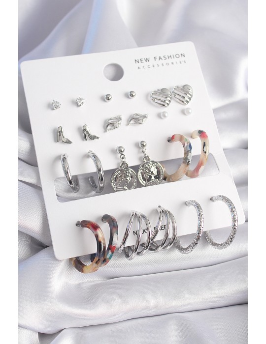 Pirinç Gümüş Renk Zirkon Taş Detaylı 12 Çift Kadın Küpe Seti - TJ-BKP9680