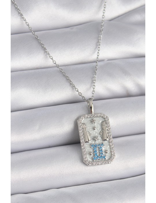 316L Çelik Gümüş Renk Zincir İkizler Burcu Zirkon Taşlı Kadın Kolye - TJ-BKO9446