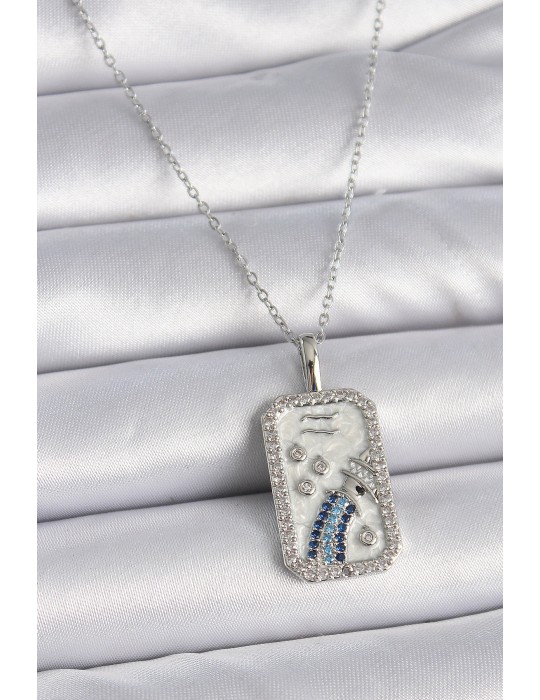 316L Çelik Gümüş Renk Zincir Kova Burcu Zirkon Taşlı Kadın Kolye - TJ-BKO9447