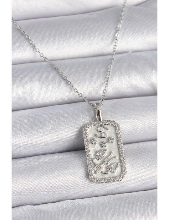 316L Çelik Gümüş Renk Zincir Burcu Zirkon Taşlı Kadın Kolye - TJ-BKO9448