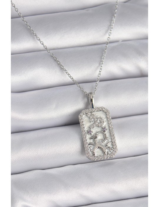 316L Çelik Gümüş Renk Zincir Oğlak Burcu Zirkon Taşlı Kadın Kolye - TJ-BKO9449