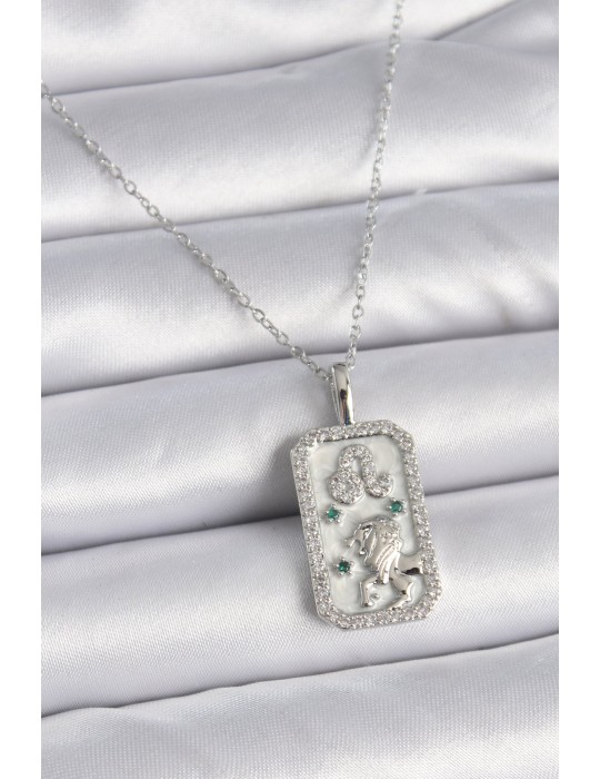 316L Çelik Gümüş Renk Zincir Aslan Burcu Zirkon Taşlı Kadın Kolye - TJ-BKO9451