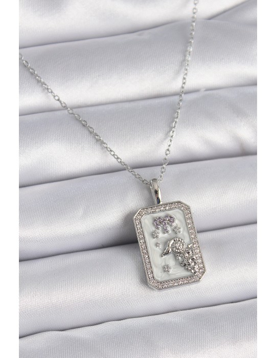 316L Çelik Gümüş Renk Zincir Koç Burcu Zirkon Taşlı Kadın Kolye - TJ-BKO9452