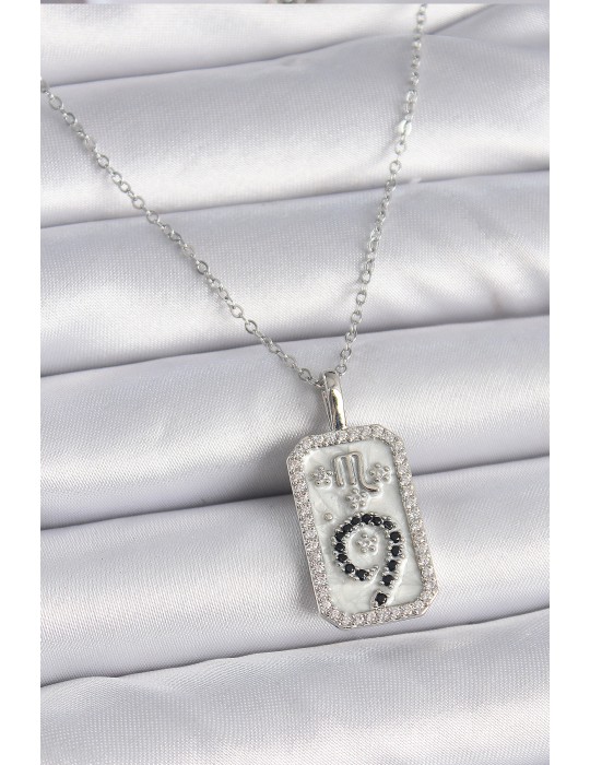 316L Çelik Gümüş Renk Zincir Akrep Burcu Zirkon Taşlı Kadın Kolye - TJ-BKO9453