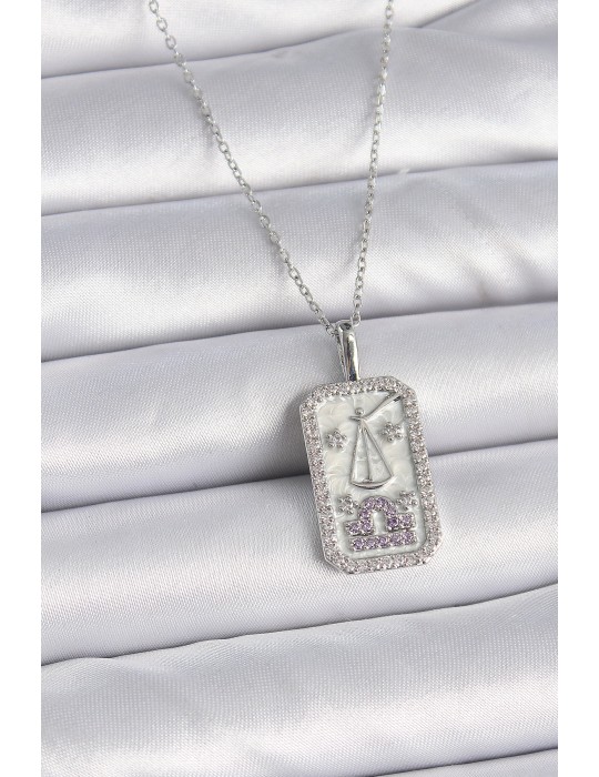 316L Çelik Gümüş Renk Terazi Burcu Zirkon Taşlı Kadın Kolye - TJ-BKO9454