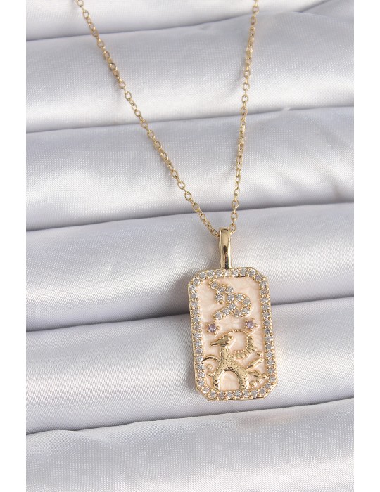 316L Çelik Gold Renk Zincir Oğlak Burcu Zirkon Taşlı Kadın Kolye - TJ-BKO9459