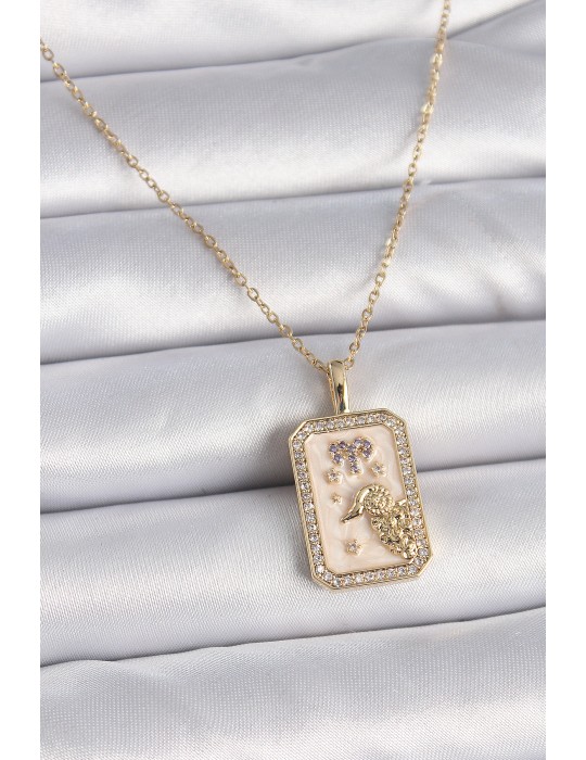 316L Çelik Gold Renk Zincir Koç Burcu Zirkon Taşlı Kadın Kolye - TJ-BKO9462