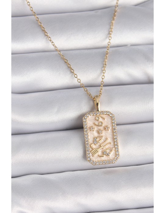 316L Çelik Gold Renk Zincir Burcu Zirkon Taşlı Kadın Kolye - TJ-BKO9467