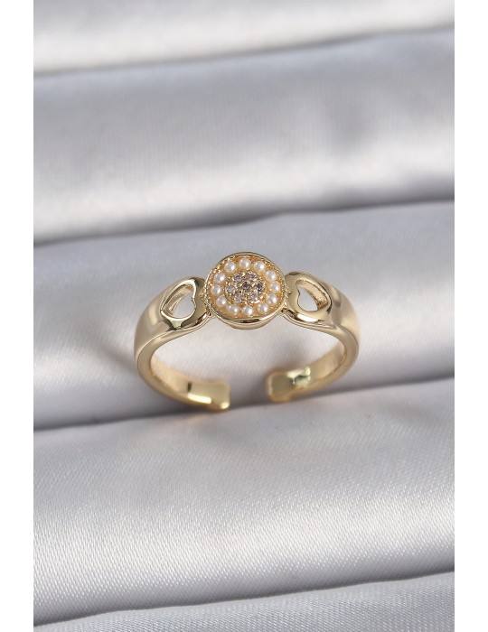 Pirinç Gold Renk Zirkon Taşlı İncili Kalp İşleme Detay Ayarlanabilir Kadın Yüzük - TJ-BYK3358