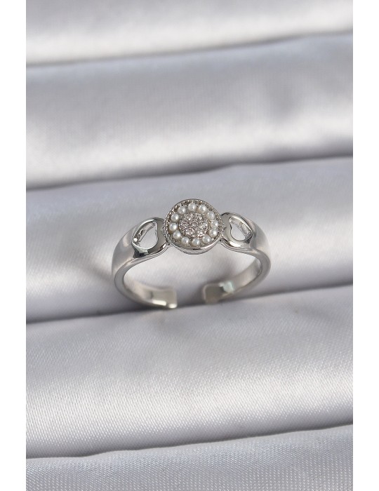 Pirinç Gümüş Renk Zirkon Taşlı İncili Kalp İşleme Detay Ayarlanabilir Model Kadın Yüzük - TJ-BYK3359