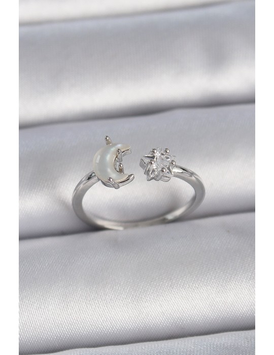 Pirinç Gümüş Renk İncili Hilal Zirkon Taşlı Yıldız Ayarlanabilir Kadın Yüzük - TJ-BYK3361