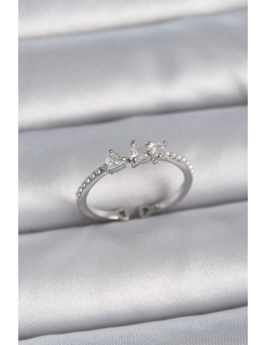 Pirinç Gümüş Renk Zirkon Taşlı Kalp İnci Detay Ayarlanabilir Model Kadın Yüzük - TJ-BYK3363