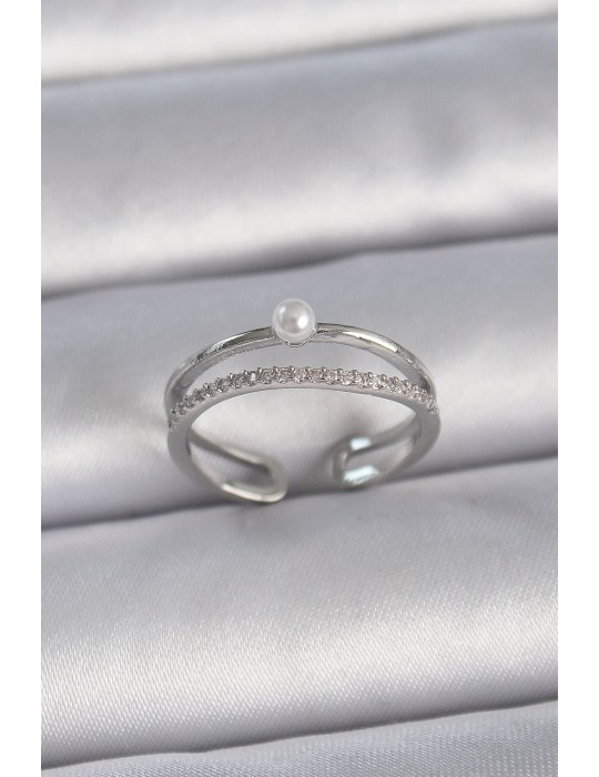 Pirinç Gümüş Renk Zirkon Taşlı İnci Detay Ayarlanabilir Model Kadın Yüzük - TJ-BYK3371